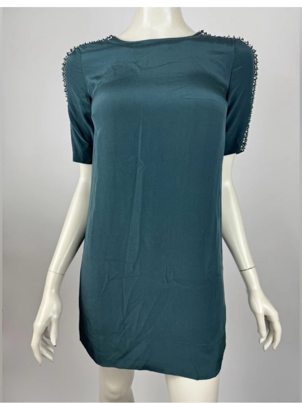 🌸Club Monaco Beaded Short Sleeve Round Neck Shift Mini Dress Moss 0 - Picture 9 of 9